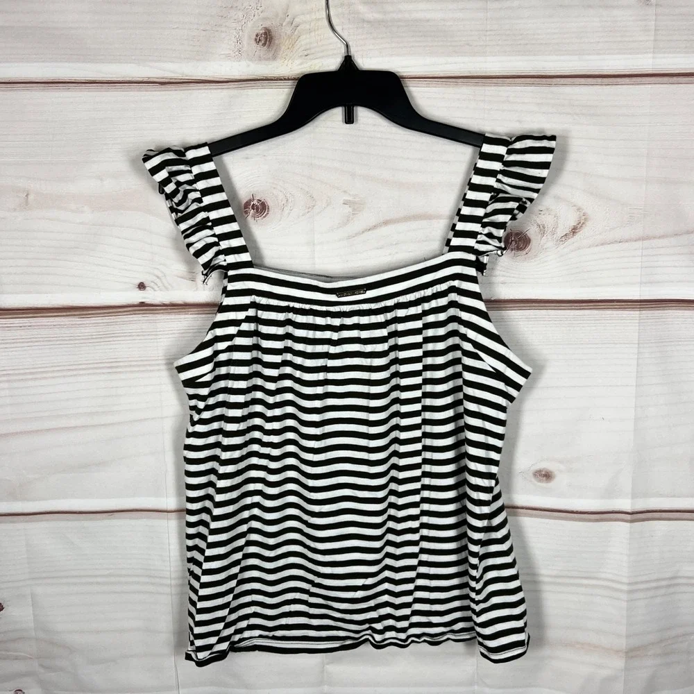 Michael Kors Top Womens Large Green Stripe Tank Flutter Strap Cotton Modal Knit